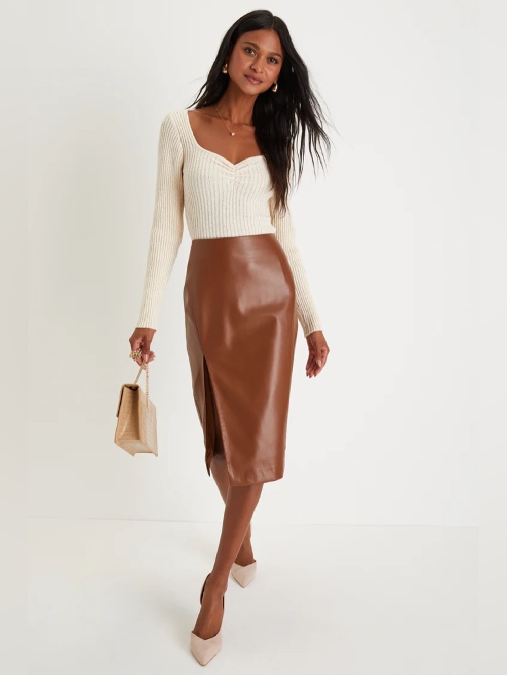 Lulus Mireya Brown Vegan Leather Pencil Skirt